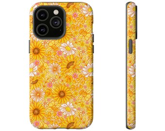 Estuche rígido para teléfono con girasol floral amarillo, iPhone 13, iPhone 12, iPhone 12 Pro, iPhone 11 Pro, Iphone Xr, Iphone 14, Samsung, Pixel Case,