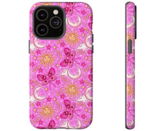 Custodia resistente rosa falene soli lune, iPhone 13, iPhone 12, iPhone 12 Pro, iPhone 11 Pro, Iphone Xr, IPhone 8, Samsung, Samsung Galaxy, Pixel