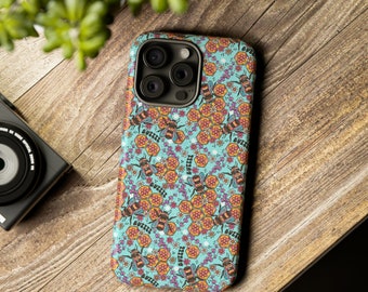 Abejas florales en estuche resistente para teléfono azul, iPhone 13, iPhone 12, iPhone 12 Pro, iPhone 11 Pro, Iphone Xr, Iphone 8, Samsung, Pixel Case, primavera