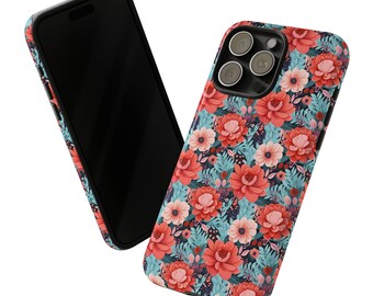 Funda dura floral melocotón y azul, iPhone 13, iPhone 15, iPhone 12 Pro, iPhone 11 Pro, Iphone 14, Iphone 8, Iphone 7, pixel, Samsung Galaxy