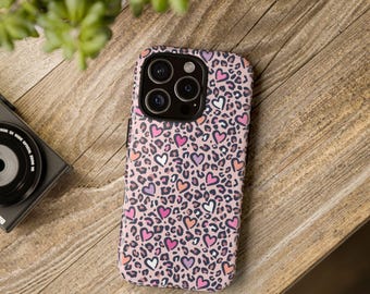 Leopard Print Hearts Tough Case, iPhone 13, iPhone 12, iPhone 12 Pro, iPhone 11 Pro, IPhone 8, Samsung, Samsung Galaxy, Pixel, cheetah heart