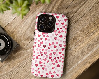 Pink and red Hearts Tough Case, iPhone 13, iPhone 12, iPhone 12 Pro, iPhone 11 Pro, IPhone 8, Samsung, Samsung Galaxy, Pixel, watercolor