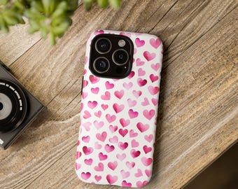 Pink Hearts Tough Case, iPhone 13, iPhone 12, iPhone 12 Pro, iPhone 11 Pro, IPhone 8, Samsung, Samsung Galaxy, Pixel, watercolor hearts