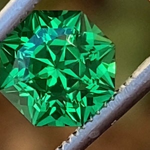 YAG(Yttrium aluminum garnet) 6.87 x 6.87 x 5.07 mm, 2.30 carats, custom design octagon. Emerald/tsavorite green. Precision cut