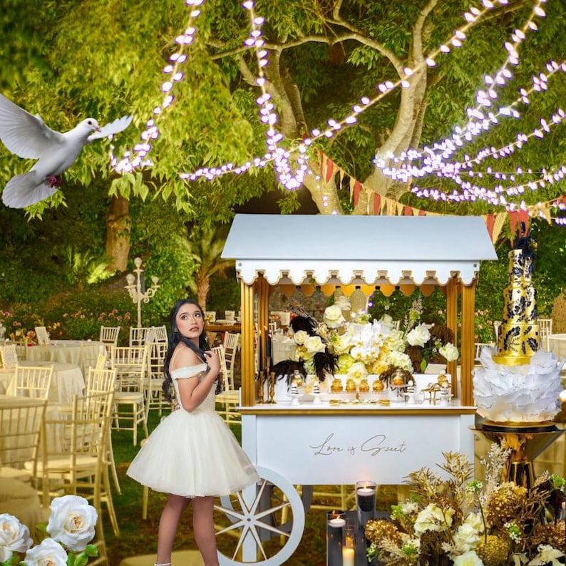 May include: A white dessert cart with gold accents and a sign that reads "Love is Sweet". The cart is decorated with white flowers and a white cake with gold accents. A young woman in a white dress stands next to the cart.