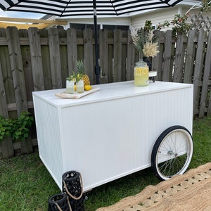 May include: White wooden lemonade stand with black wheels, a black and white striped umbrella, and a glass jar of lemonade with lemons. The stand is on a green lawn with a brown rug and black lanterns.