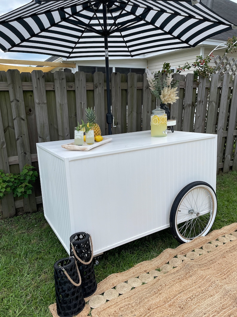May include: White wooden lemonade stand with black wheels, a black and white striped umbrella, and a glass jar of lemonade with lemons. The stand is on a green lawn with a brown rug and black lanterns.