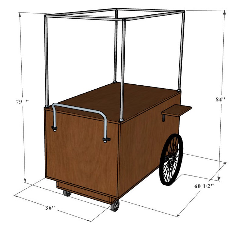May include: A wooden food cart with a metal frame canopy. The cart has a brown wooden body with a metal handrail. The cart has two wheels and measures 36 inches wide, 79 inches tall, and 60 1/2 inches long.