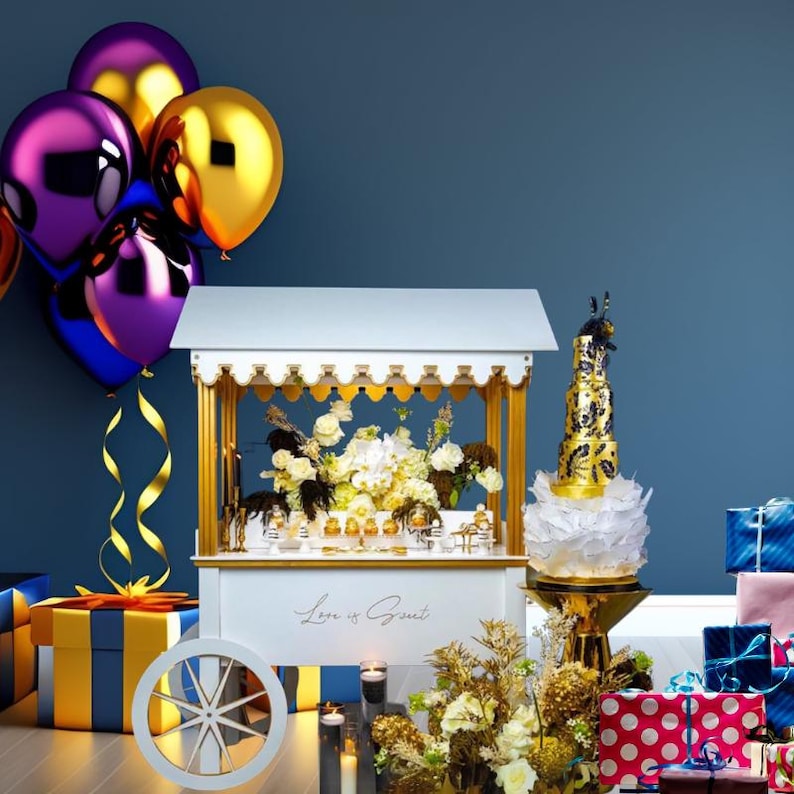 May include: A white dessert cart with gold accents and a sign that says "Love is Sweet". The cart is decorated with flowers and candles. There is a gold cake stand with a black and gold cake on it. There are also several wrapped gifts in the background.