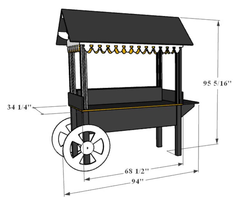 May include: Black wooden food cart with a white canopy and gold trim. The cart has wheels and measures 34 1/4 inches wide, 68 1/2 inches long, and 95 5/16 inches tall.