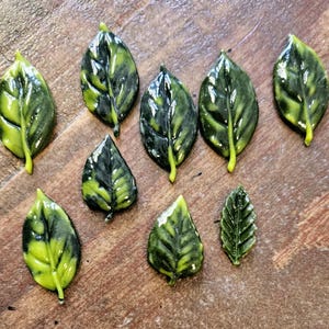 May include: Ten green and black leaves with a veined pattern. The leaves are made of a smooth, glossy material.
