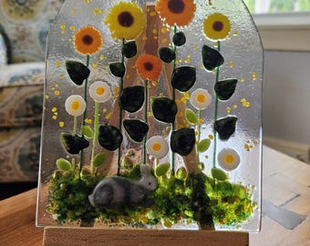 FREE SHIPPING Fused Glass Field of Flowers in Wood Easel