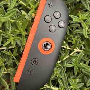 May include: A black video game controller with an orange side panel and orange ring around the analog stick. The controller features a plus button, four lettered action buttons labelled A, B, X, and Y, a home button, and a capture button icon.