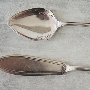 May include: A set of two silver utensils, a spoon and a butter knife, on a gray background.