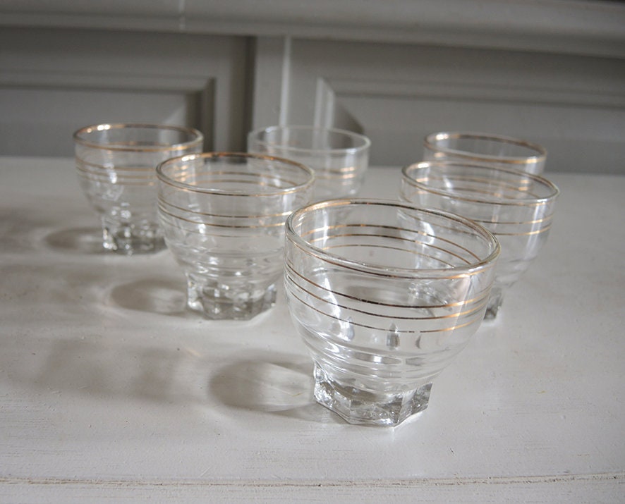 6 Antique French Transparent Glass Tumblers With Golden Bands H 3.8cm