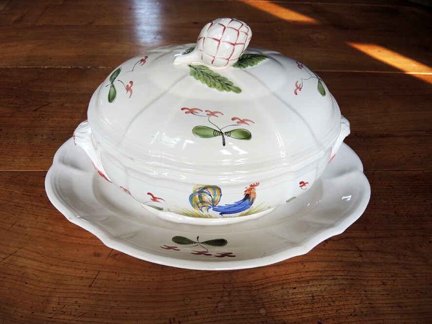 Antique Français Faïencerie de Pornic Soupe Tureen et Plat Au Décor Coq