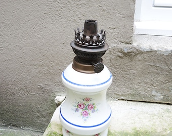 Antigua lámpara de aceite francesa cerámica decoración flores