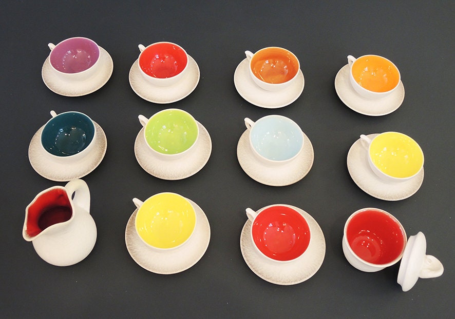 Antique French Signed Multicolored Ceramic Tea Service