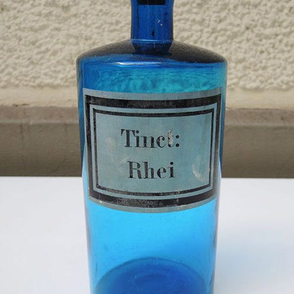 Antique French Blue Glass Apothecary Bottle : Tinct Rhei