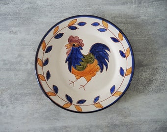 Antique Portugese Hand-Painted & Signed Earthenware Rooster Plate