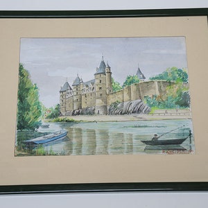 Antiga pintura em aquarela francesa assinada por P.Kneppert: O CASTELO