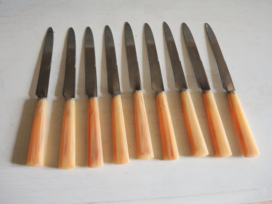 9 Antique French Stainless Steel & Bakelite Table Knives