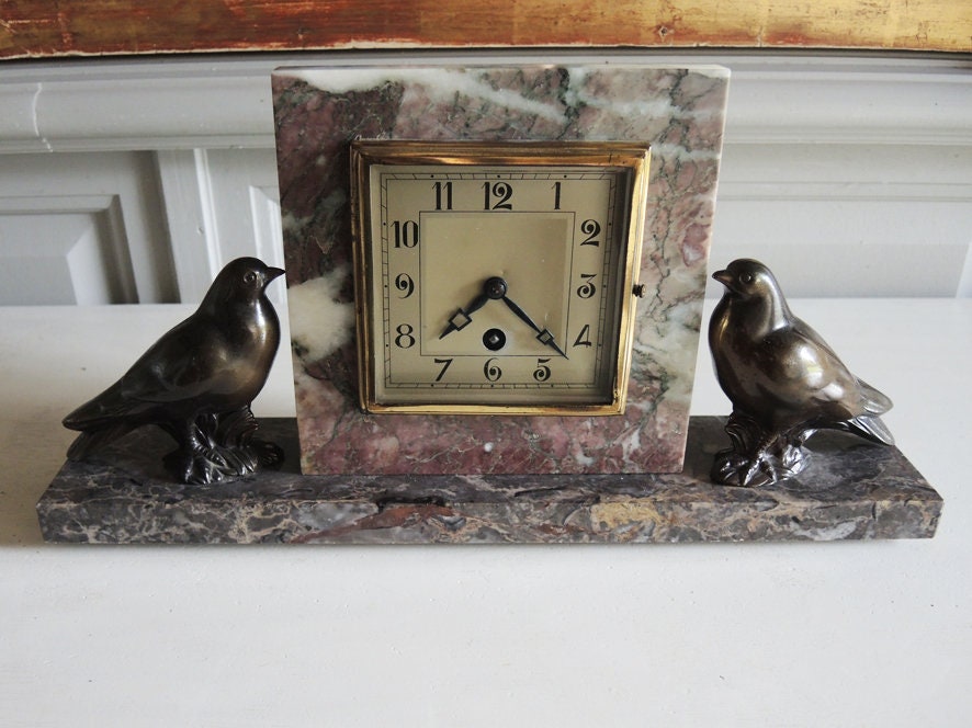 Antique French Art Deco Marble Clock With Sparrows