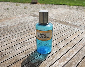 Vintage French Blue Glass Apothecary Bottle : Tinct Ratanhiae