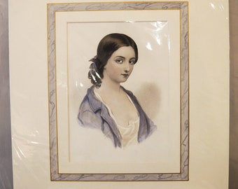 Antique French Polychrome Print: Portrait of a Lady