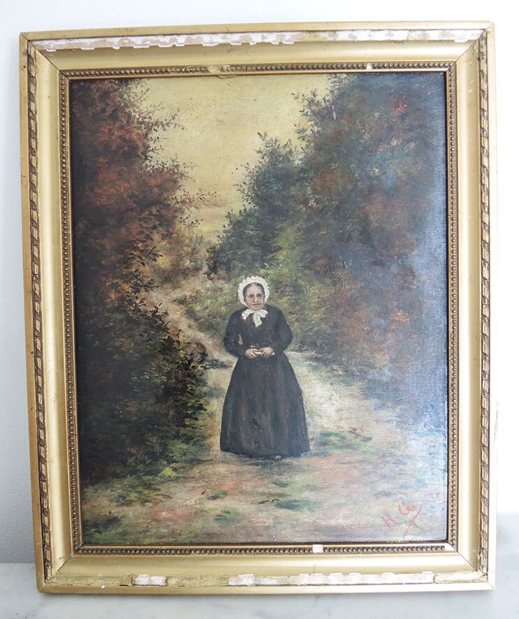 Peinture à L'huile Ancienne Français Signée Vieille Dame La Coiffe