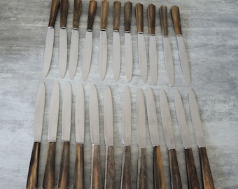 Antiguo juego francés en caja de 23 cuchillos de comedor con mangos de madera