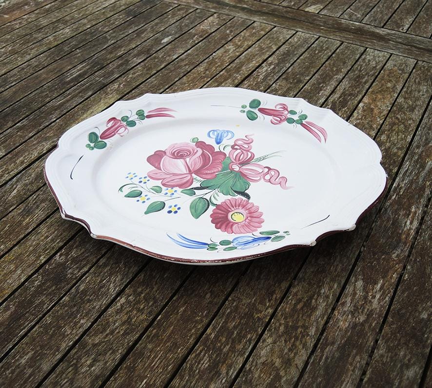 花柄装飾が施された楕円形のヴィンテージフランス製陶器皿 - Etsy 日本