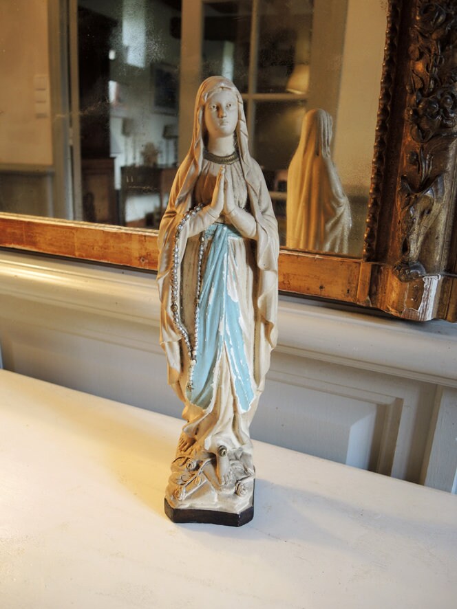 statuette Antique en Plâtre Français de La Vierge Marie H 32, 5 cm