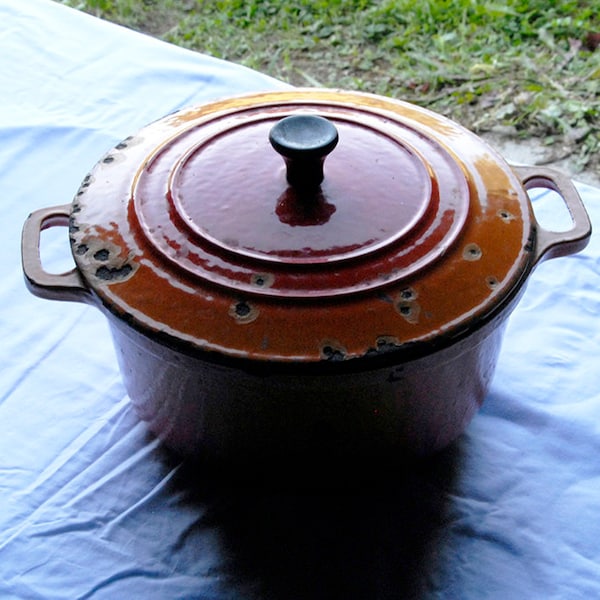 Antique French 3.7 L Orange Enameled Cast Iron Cooking Pot