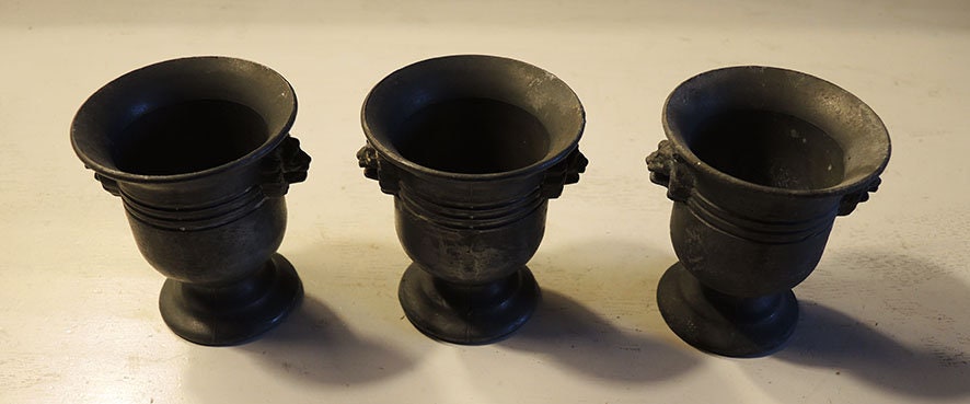 Antique French Set Of 3 Pewter Egg Cups With Lion Head