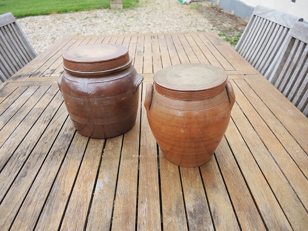 2 Antique French Glazed Stoneware Grease Pots With Lids Etsy