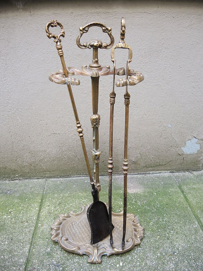 Antique French Brass Fireside Companion - 2 Accessories