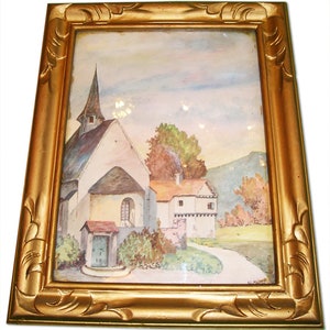 Vintage French Watercolor Painting: Village in France
