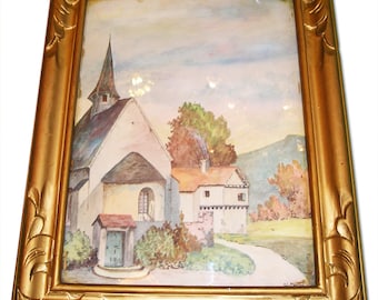 Vintage French Watercolor Painting: Village in France