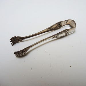 May include: Silver-toned sugar tongs with ornate detailing. The tongs feature claw-like grips and decorative oval accents along the handles. The curved design allows for easy handling and serving of sugar cubes or other small items.