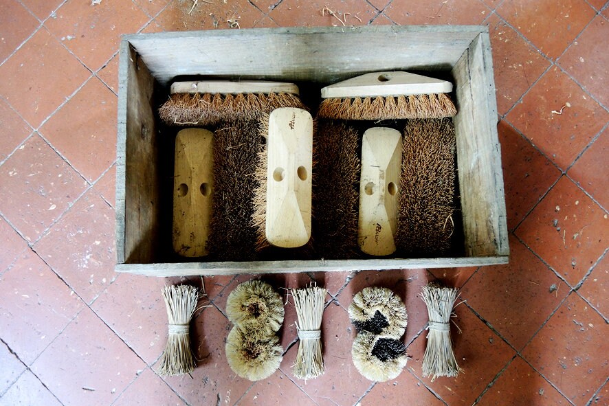Vintage French Crate Of Brushes & Straw Broom Heads