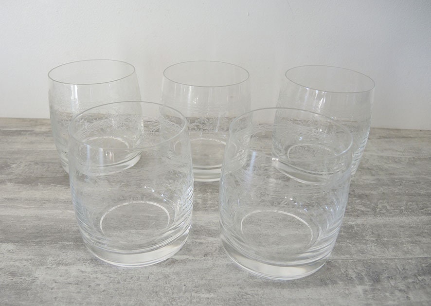5 Antique French Engraved Crystal Whisky Glasses H 11, 5 cm