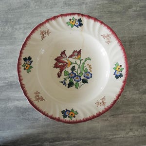 Puede incluir: Un tazón de sopa de cerámica blanca con un borde rojo y un diseño floral. El tazón presenta una gran flor roja y amarilla con hojas verdes y flores azules. El borde está decorado con un patrón repetitivo de pequeñas hojas rojas y doradas.