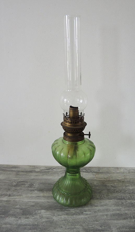 Antique French Green Glass Oil Lamp Etsy