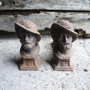 Vintage French Cast-Iron Fire-Dogs : Man Wearing a Hat