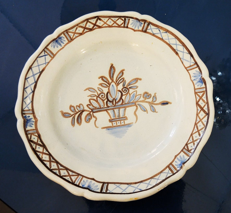 Assiette Antique Français Faïence avec Décor Peint à La Main Brun et Bleu