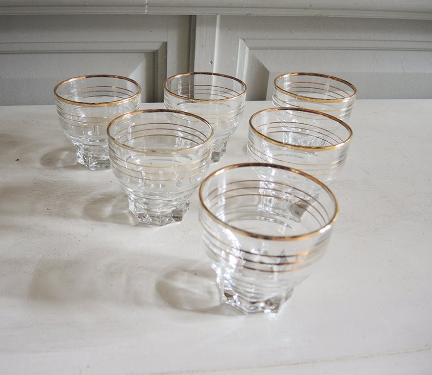 6 Gobelets en Verre Transparent Français Antiques avec Bandes Dorées H 5, 7 cm