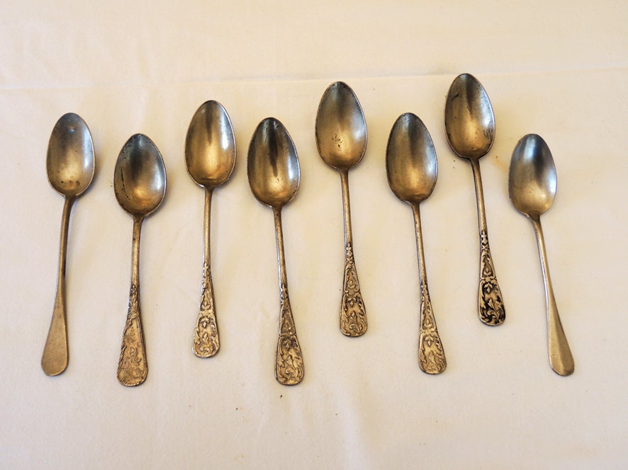 8 Antique French Silver Metal Teaspoons