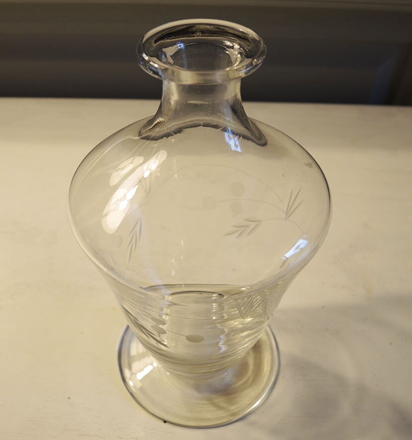 Antique French Glass Decanter With Engraved Plant Motif