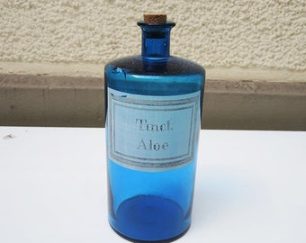 Antique French Blue Glass Apothecary Bottle : Tinct Aloe